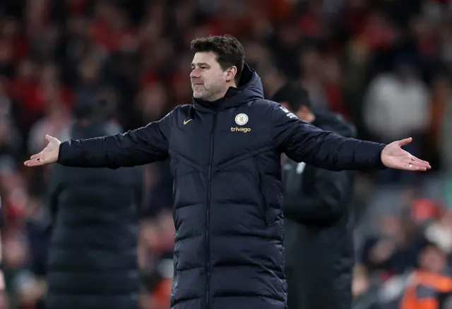 : Mauricio Pochettino, Manager of Chelsea, reacts