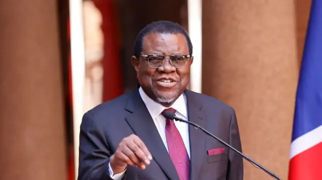 Namibian President Hage Geingob is seen during a joint press conference with South African President Cyril Ramaphosa (not visible) during his state visit to South Africa at the Union Buildings in Pretoria on April 20, 2023