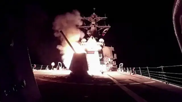 US-released footage of a ship carrying out strikes on Houthi targets overnight