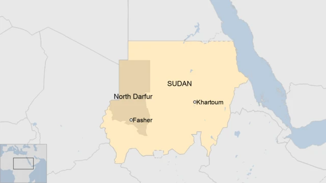 A map of Sudan showing the region of North Darfur and its capital, Fasher.