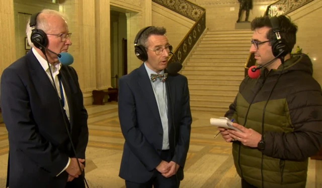 Andrew Muir standing beside BBC Political Correspondent Gareth Gordon and Evening Extra presenter Richard O'Reilly