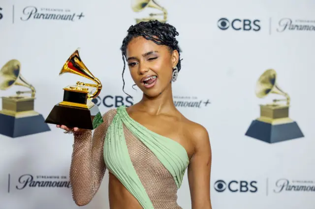 Winner Tyla, winner of the "Best African Music Performance" award for "Water," with trophy, at the 66th Grammy Awards held at the Crypto.com Arena in Los Angeles, CA, Sunday, Feb. 4, 2024.