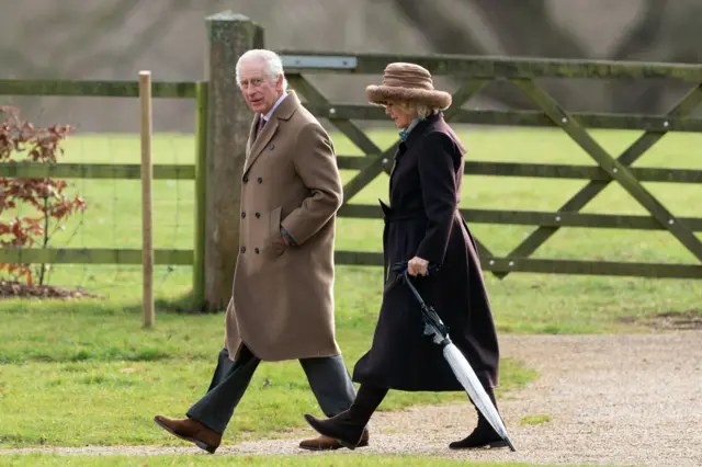 King Charles III and Queen Camilla leave after attending a Sunday church service at St Mary Magdalene Church in Sandringham, Norfolk. Picture date: Sunday February 4, 2024