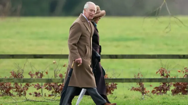 King Charles III and Queen Camilla arrive to attend a Sunday church service at St Mary Magdalene Church in Sandringham, Norfolk. Picture date: Sunday February 4, 2024. PA Photo. Photo credit should read: Joe Giddens/PA Wire