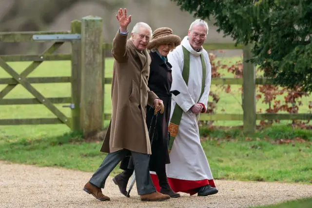 King Charles III and Queen Camilla arrive to attend a Sunday church service at St Mary Magdalene Church in Sandringham, Norfolk. Picture date: Sunday February 4, 2024. PA Photo. Photo credit should read: Joe Giddens/PA Wire