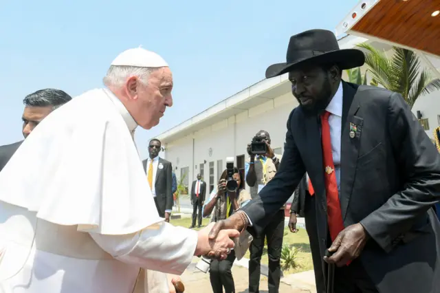 The Pope with Salva Kiir in February 2023.