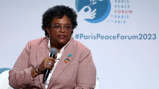 Barbados Prime Minister Mia Mottley speaks at the Paris Peace Forum