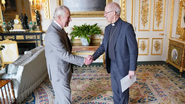 King Charles III receives the Archbishop of Canterbury Justin Welby in the White Drawing Room at Windsor Castle