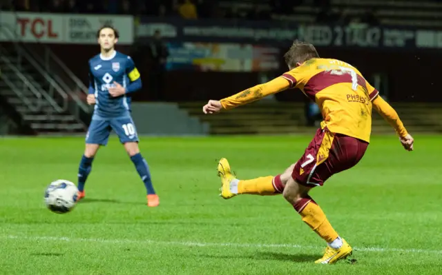 Motherwell's Blair Spittal scores to make it 2-0 during a cinch Premiership match between Motherwell and Ross County at Fir Park