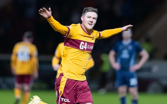 Motherwell's Blair Spittal celebrates scoring to make it 2-0 during a cinch Premiership match between Motherwell and Ross County at Fir Park