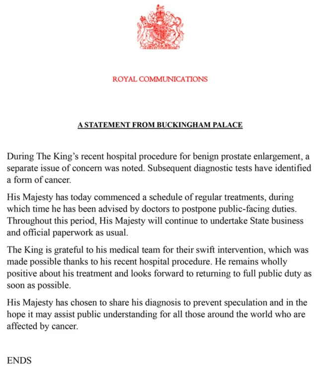 A STATEMENT FROM BUCKINGHAM PALACE