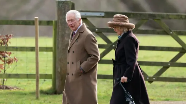 King Charles III and Queen Camilla leave after attending a Sunday church service at St Mary Magdalene Church in Sandringham, Norfolk. Picture date: Sunday February 4, 2024