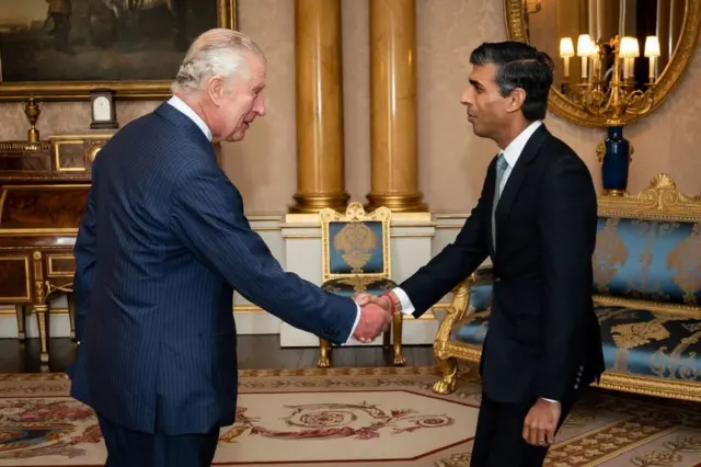 Rishi Sunak shaking hands with King Charles at Buckingham Palace