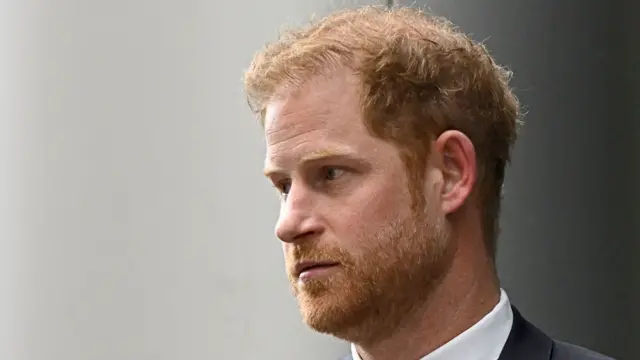 Prince Harry looking left outside the Rolls Building of the High Court in London on 6June 2023