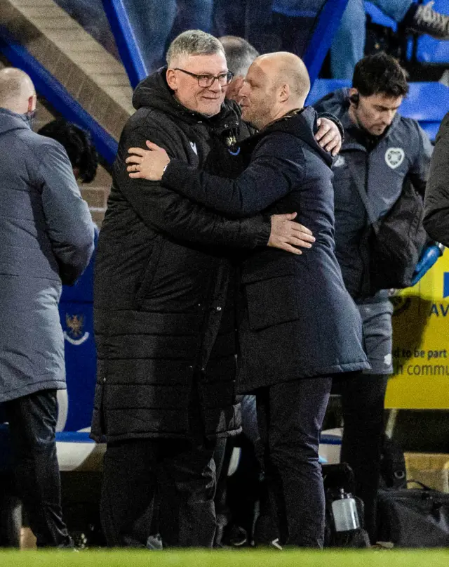 St Johnstone manager Craig Levein (L) and Hearts' manager Steven Naismith shake hands before a cinch Premiership match between St Johnstone and Heart of Midlothian at McDiarmid Park