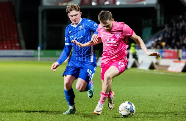 Hearts' Alan Forrest (R) and St Johnstone's Fran Franczak in action during a cinch Premiership match between St Johnstone and Heart of Midlothian at McDiarmid Park