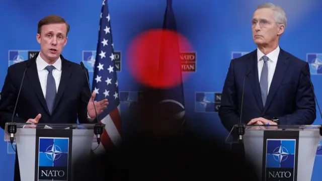 NATO Secretary General Jens Stoltenberg (R) and National Security Advisor of the United States Jake Sullivan hold press conference in the Alliance headquarters in Brussels, Belgium, 07 February 2024. Stoltenberg chaired a meeting of the North Atlantic Council with Invitee Sweden in National Security Advisors Format. NATO Secretary General and US National Security Advisor presser in Brussels, Belgium -