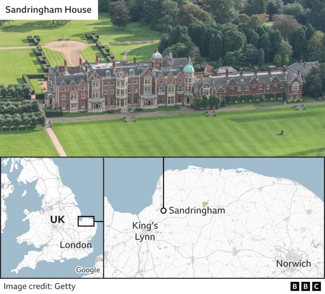 A BBC composite graphic shows an image of Sandringham House, and its location in Norfolk