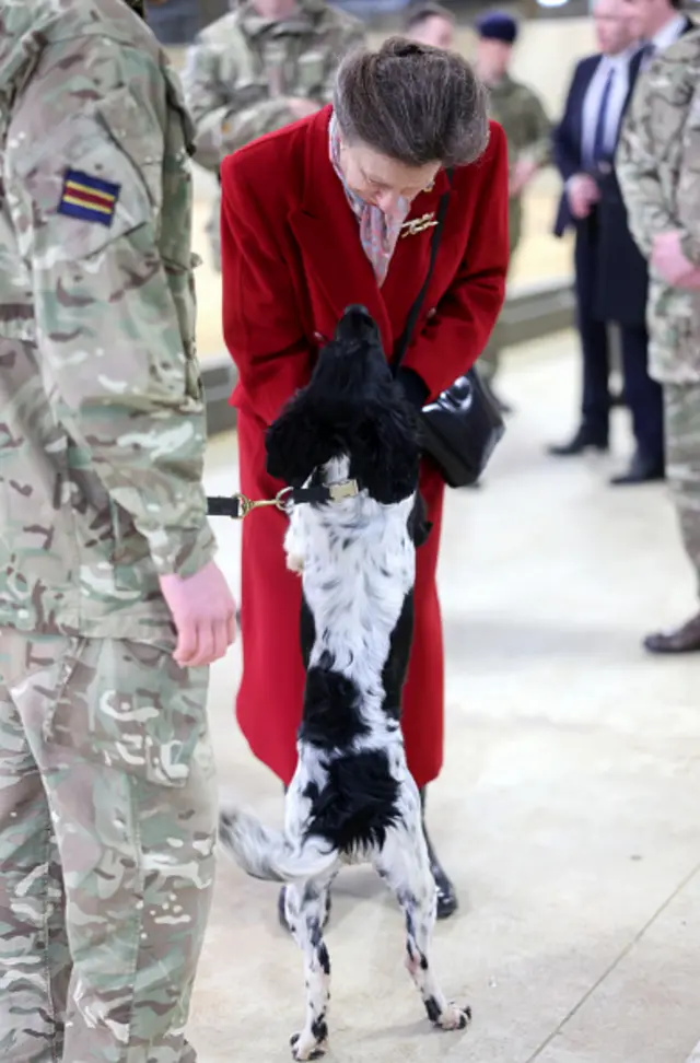 Princess Anne is greeted by a service dog