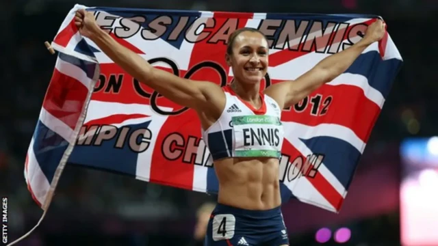 Ennis-Hill waves the union jack at the 2012 Olympics