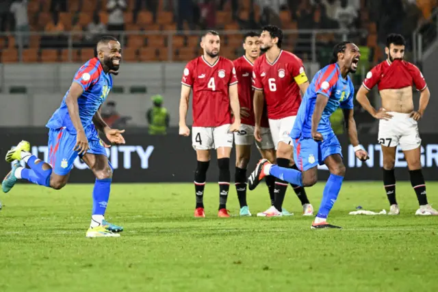 DR Congo celebrate eliminating 7 time winners Egypt on penalties.