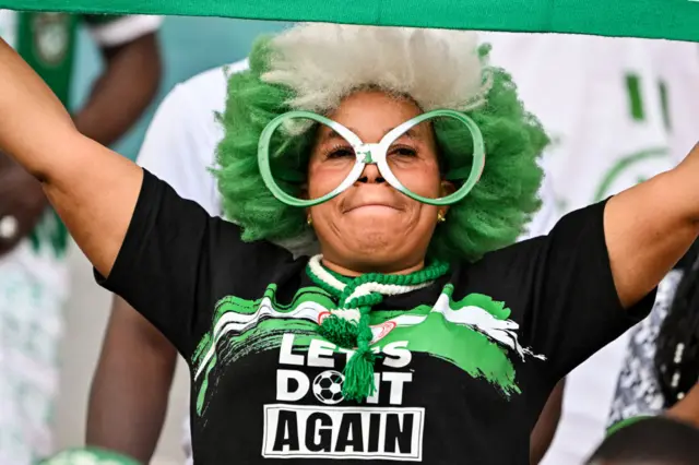 A Nigeria fan holds aloft a flag.