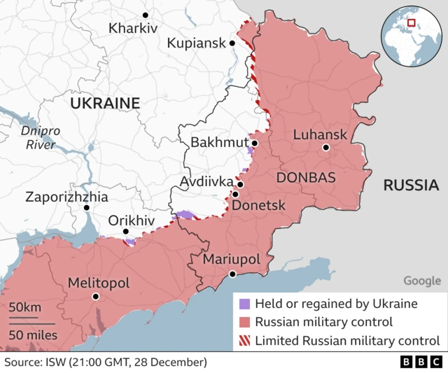 Map showing Ukraine, including the areas controlled by the Russian military and those held or regained by Ukraine