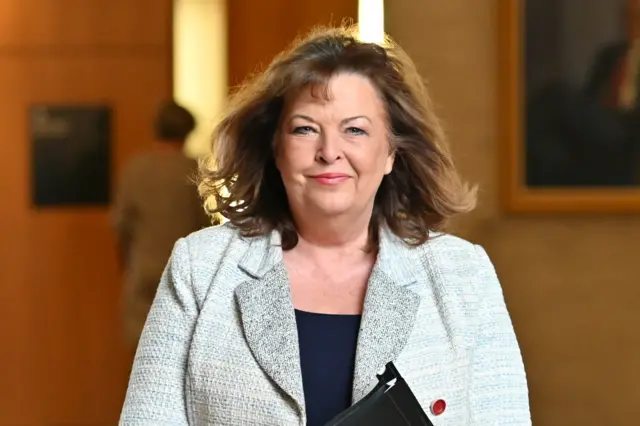 Fiona Hyslop arriving for FMQ in February 2024