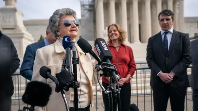 Norma Anderson, lead plaintiff in the lawsuit seeking to disqualify Donald Trump from office, responds to a question during a press conference following oral arguments in Trump v Anderson at the Supreme Court in Washington, DC, USA, 08 February 2024. The US Supreme Court justices heard oral arguments in former President Donald Trump's case against the Colorado decision that disqualified him from appearing on the state's ballot on the grounds of his role in the January 6 attacks on the US Capitol in efforts to overturn the 2020 presidential election.