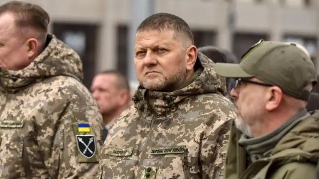 kraine's Chief of the General Staff of the Armed Forces Serhii Shaptala, Commander in Chief Valerii Zaluzhnyi and Defense Minister Oleksii Reznikov attend the funeral of Ukrainian serviceman Dmytro Kotsiubailo in Kyiv, Ukraine, 10 March 2023 (reissued 08 February 2024).