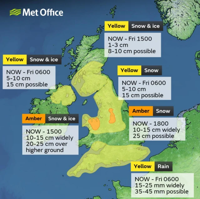 Met Office map showing weather warnings