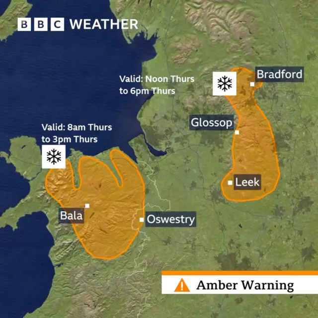 Map showing amber weather warnings in northern Wales and England