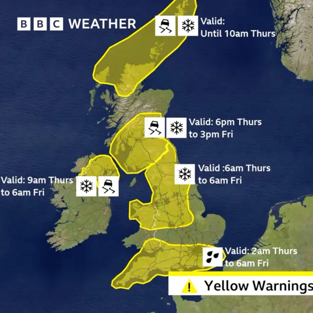 Map showing yellow weather warnings across the UK