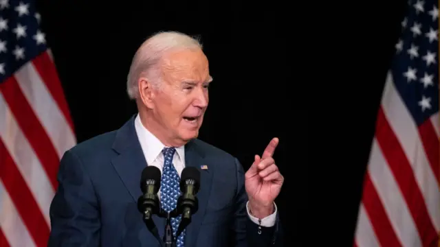 President Joe Biden speaks to House Democrats at the House Democrats 2024 Issues Conference in Leesburg, Va., on Thursday, February 8, 2024.