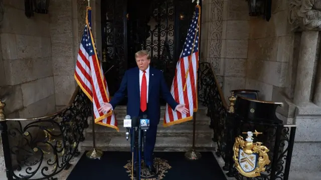 Former U.S. President Donald Trump speaks during a press conference held at Mar-a-Lago on February 08, 2024 in Palm Beach, Florida. Mr. Trump spoke as the United States Supreme Court hears oral arguments over Trump’s ballot eligibility under the 14th Amendment.