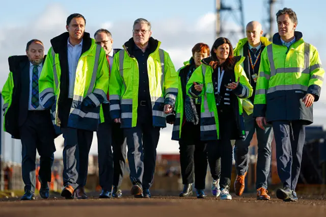 Ed Miliband, Sir Keir Starmer and Scottish Labour leader Anas Sarwar take a tour of St Fergus Gas Terminal in Scotland, 17 November 2024