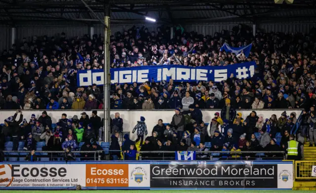 Greenock Morton fans hold up a banner 'Dougie Imrie's #1' during a Scottish Gas Scottish Cup fifth round match between Greenock Morton and Motherwell at Cappielow Park