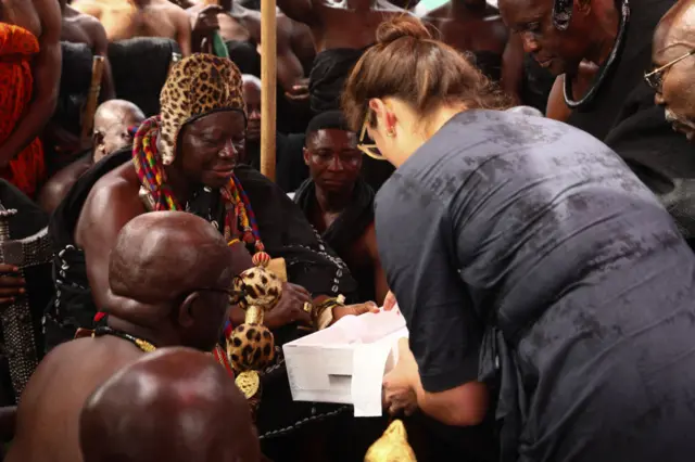 Otumfuo Osei Tutu II (L), Ghana's Asante king, receives artefacts returned by the Fowler Museum of UCLA (University of California Los Angeles) to the Manhyia Palace in Kumasi, Ghana, on February 8, 2024