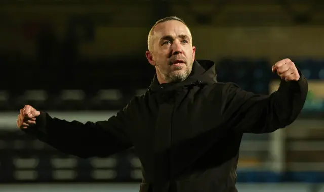 Greenock Morton Manager Dougie Imrie celebrates at full time during a Scottish Gas Scottish Cup fifth round match between Greenock Morton and Motherwell at Cappielow Park