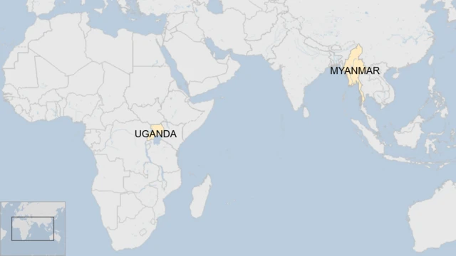 A map showing Uganda and Myanmar.