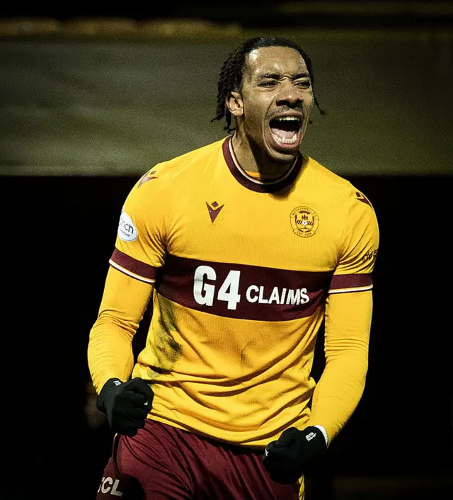 Motherwell striker Theo Bair celebrates