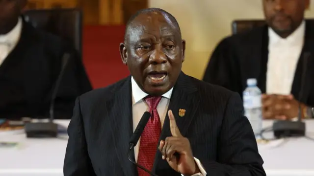 South African President Cyril Ramaphosa delivers his 2024 State of the Nation address at the City Hall in Cape Town, South Africa , 08 February 2024.