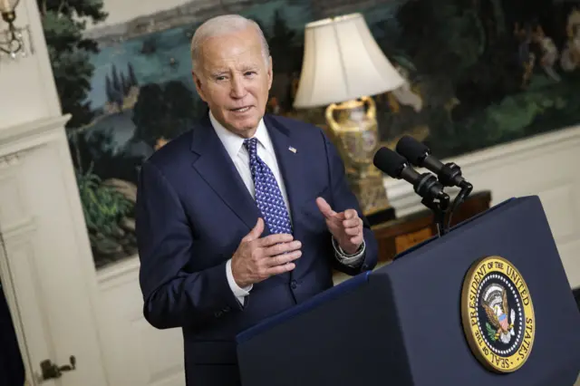 US President Joe Biden speaks in the Diplomatic Reception Room of the White House in Washington, DC, US, on Thursday, Feb. 8, 2024.