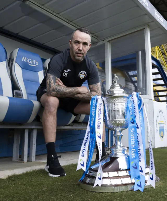 Morton manager Dougie Imrie with the Scottish Cup trophy during a Greenock Morton press conference at Cappielow Park