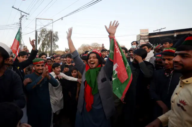 Supporters of the convicted former prime minister Imran Khan's PTI party protest