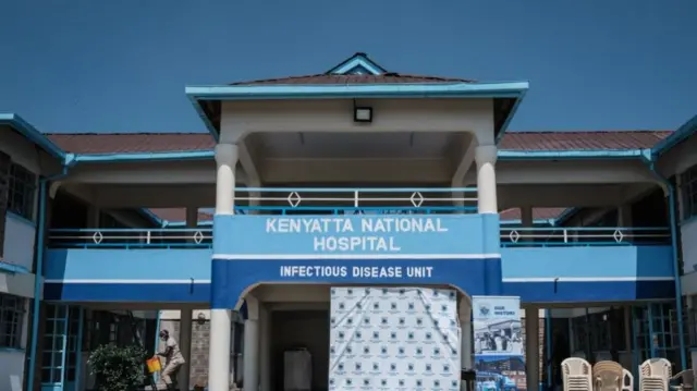 A picture taken on March 15, 2020 shows the entrance of the Infectious Disease Unit of Kenyatta National Hospital in Nairobi, Kenya, during the COVID-19 outbreak, caused by the novel coronavirus