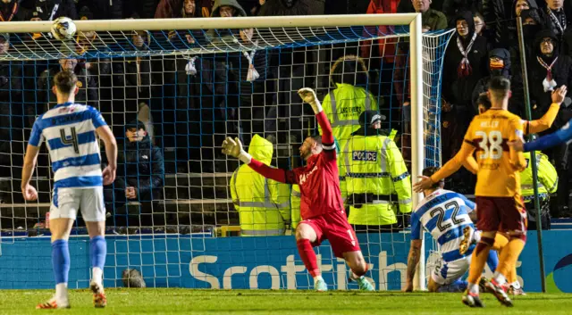 George Oakley hits the bar for Morton against Motherwell