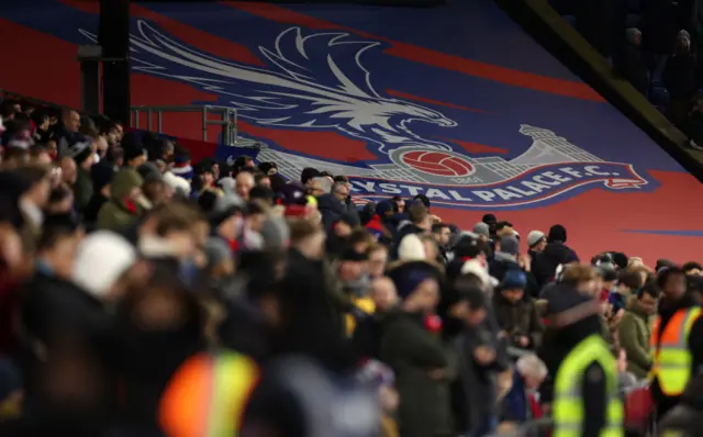 Crystal Palace fans in front of a banner with the club's emblem