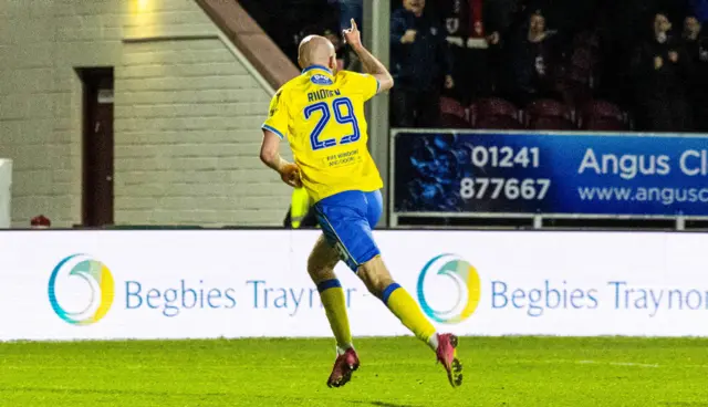 Raith's Zak Rudden celebrates as he scores to make it 1-0 during a cinch Championship match between Arbroath and Raith Rovers at Gayfield Park, on March 01, 2024, in Arbroath, Scotland.