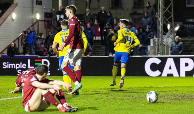 Raith's Josh Mullin celebrates as he scores to make it 2-0 during a cinch Championship match between Arbroath and Raith Rovers at Gayfield Park, on March 01, 2024, in Arbroath, Scotland.